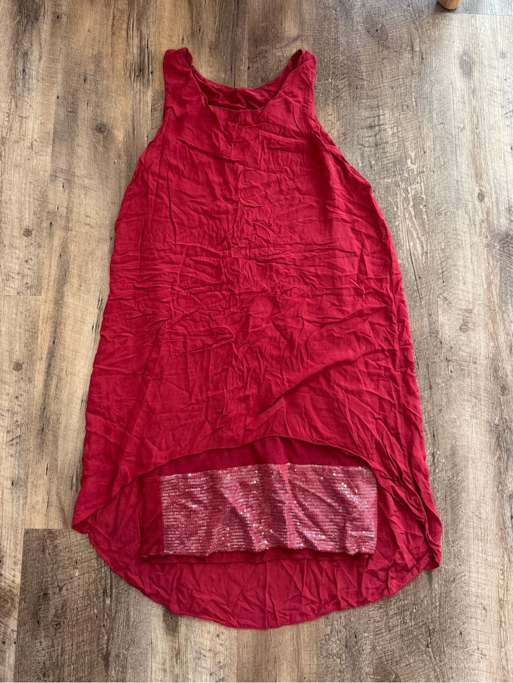 Red Sleeveless High-Low Tank with Sequin Hem